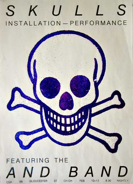 Glitter screenprint poster for artist Graham Snowden's SKULLS installation/performance featuring The And Band, c. 1984 (poster printed by Kawowski at Ink Inc).